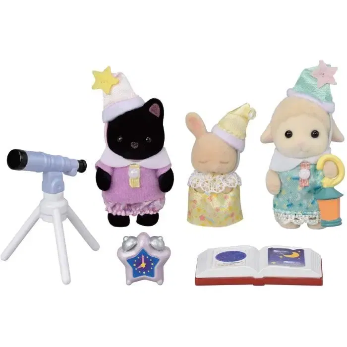 Sylvanian Families 5750 - Trio de bébés Pyjama Party avec Chat Magicien, Mouton et Lapin Crème, vêtements amovibles et accessoires