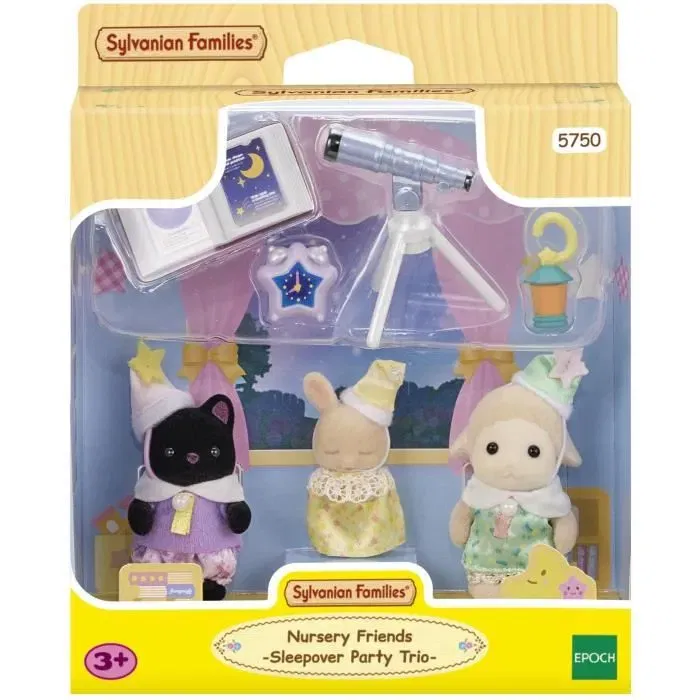 Sylvanian Families 5750 - Trio de bébés Pyjama Party avec Chat Magicien, Mouton et Lapin Crème, vêtements amovibles et accessoires