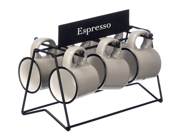 Vessia Set de 6 Tasses à Café Gris avec Support 100 ml Porcelaine et Métal 23 x 17 x 15 cm (Set de 6)
