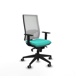 Chaise de bureau Horna avec mécanisme synchrone, revêtement en similicuir turquoise et maille blanche. Équipée d'un soutien lombaire 1D, d'accoudoirs 1D et de roulettes de 65 mm pour parquet