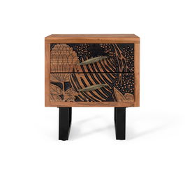 Table de Noche Giner y Colomer 56x50x40 cm en Bois d'Acacia Massif avec 2 Tiroirs et Pieds en Métal Noir, À Monter