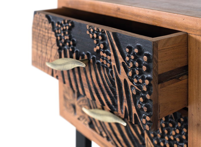 Table de Noche Giner y Colomer 56x50x40 cm en Bois d'Acacia Massif avec 2 Tiroirs et Pieds en Métal Noir, À Monter