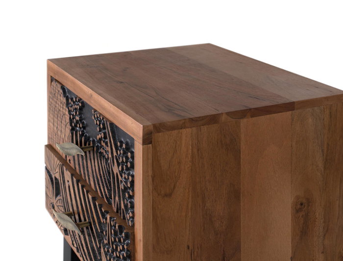 Table de Noche Giner y Colomer 56x50x40 cm en Bois d'Acacia Massif avec 2 Tiroirs et Pieds en Métal Noir, À Monter