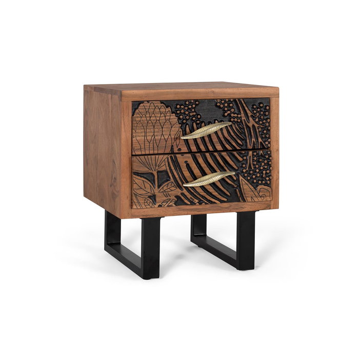 Table de Noche Giner y Colomer 56x50x40 cm en Bois d'Acacia Massif avec 2 Tiroirs et Pieds en Métal Noir, À Monter