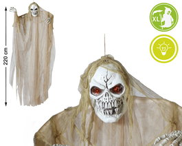 Calavera Colgante Squelette Halloween Suspendu Éclairage Yeux Détail Taille Géante 220 cm avec Cape Beige