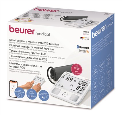 Beurer BM-93 Tensio-mètre brassard avec fonction ECG Bluetooth, mesure tension artérielle et fréquence cardiaque, écran LCD rétroéclairé