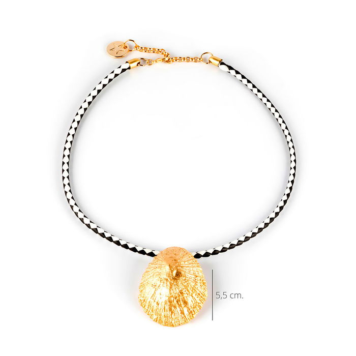 Shabama Collier CALOBRA LUXE NOIR & BLANC #or brillant, Cuir tressé italien, Patelle 5.5cm, Collier 38cm + Ajustable