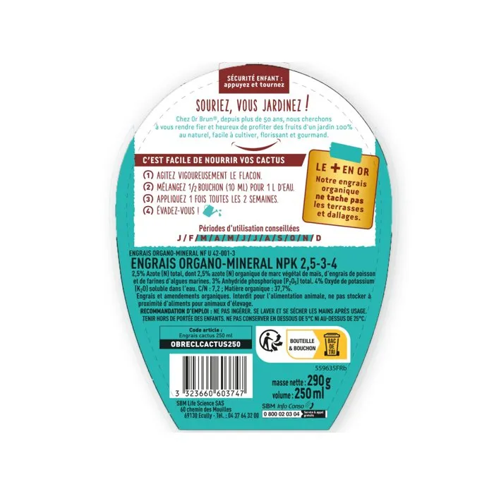 Or Brun - OBRECLCACTUS250 - Engrais liquide pour cactus et plantes grasses 250 ml - Formule nutritive adaptée - Fabriqué en France - Favorise croissance et floraison