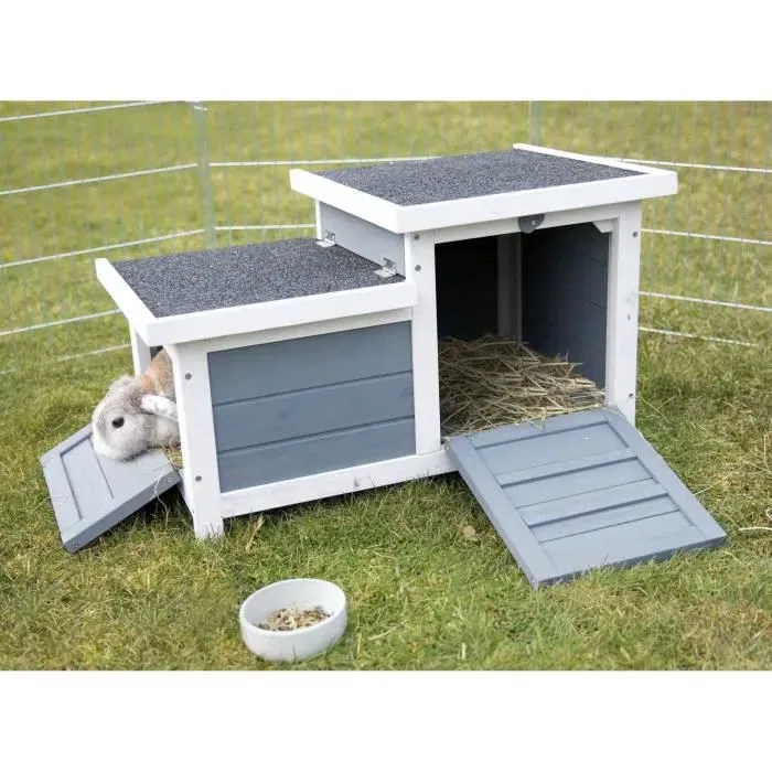 TRIXIE Clapier Habitat Natura, cage pour lapin, 70 x 43 x 45 cm, avec deux entrées, couleur blanc et gris