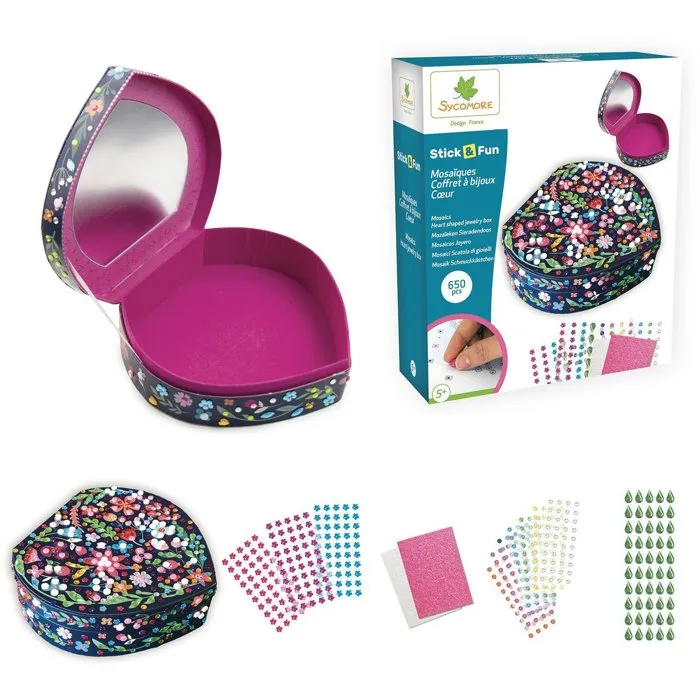 Sycomore 3D Mosaïques Stick'N Fun - Coffret à Bijoux en Forme de Cœur avec 500 Mosaïques et 150 Gems - Loisir Créatif pour Enfants Dès 5 Ans