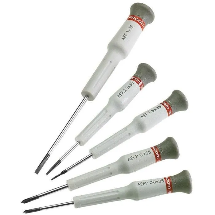 Facom MT.J5PG - Jeu de 5 tournevis de précision professionnel avec tête pivotante - Fente 1.5x35mm, 2x35mm, 3x75mm et Phillips Ph0, Ph00 Facom MT.J5PG - Jeu de 5 tournevis de précision professionnel avec tête pivotante - Fente 1.5x35mm, 2x35mm, 3x75mm et Phillips Ph0, Ph00