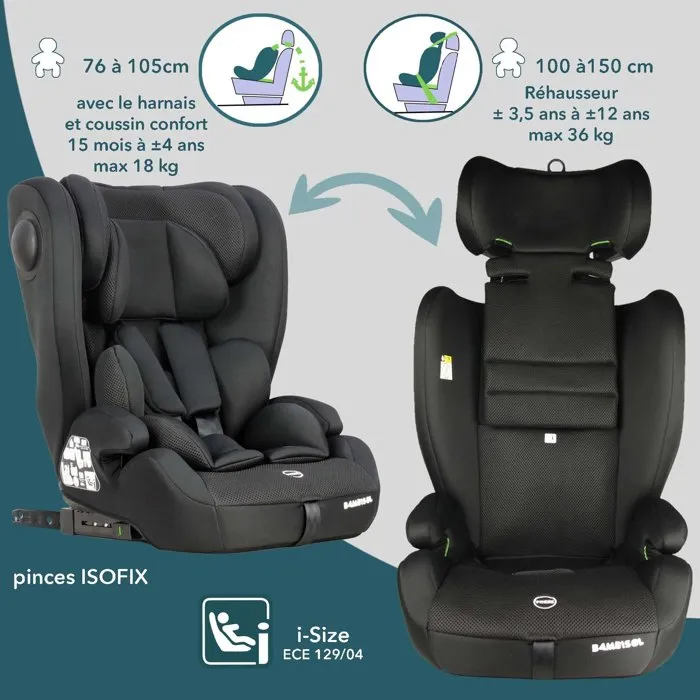 Bambisol AY575N Siège Auto Évolutif Groupe 1/2/3 i-Size avec Isofix, Réducteur - Noir