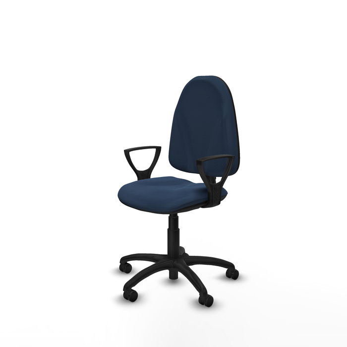 Chaise Algarra Contact permament de base Cuir écologique Bleu foncé Structure polyamide noire Accoudoirs fixes Sans appui-tête Roulettes autofreinées