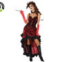 Déguisement femme adulte années 20 cabaret rouge taille XXL, style Charleston avec motifs noirs, rubans dorés et jupe asymétrique en polyester
