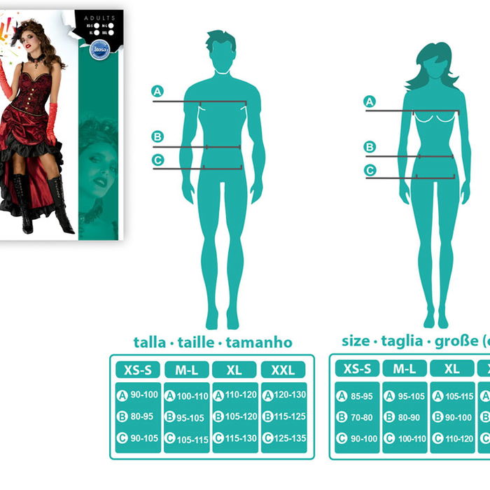 Déguisement femme adulte années 20 cabaret rouge taille XXL, style Charleston avec motifs noirs, rubans dorés et jupe asymétrique en polyester