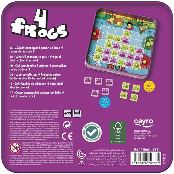 Cayro Jeu 4 en ligne Frogs en bois avec boîte métallique - 8 pièces pour 2 joueurs - 19x19x3,5 cm - Version multilingue (français inclus) Cayro Jeu 4 en ligne Frogs en bois avec boîte métallique - 8 pièces pour 2 joueurs - 19x19x3,5 cm - Version multilingue (français inclus)