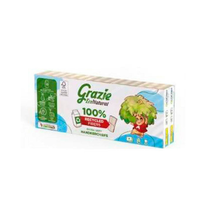 Grazie Natural - Paquet de 10 Mouchoirs de Poche Bio et Biodégradable - Papier 100% Organique à base de cartons recyclés - Extra absorbant et résistant Grazie Natural - Paquet de 10 Mouchoirs de Poche Bio et Biodégradable - Papier 100% Organique à base de cartons recyclés - Extra absorbant et résistant