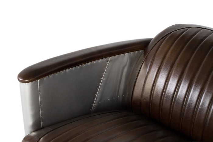 GINER Y COLOMER Sofa 2 Places Style Aviateur en Cuir Vieilli Marron avec Détails en Aluminium - Inspiré du Design Aéronautique