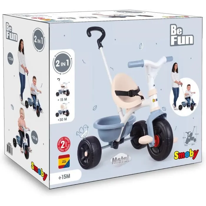 Smoby Tricycle Be Fun Bleu Évolutif - Cadre Acier, Siège et Canne Réglables, Roue Libre, Benne Basculante