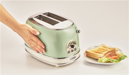 Ariete Tostador 155/14 - Toasteur vintage 2 fentes avec fonctions dégivrage, réchauffage, annulation, sélecteur 6 niveaux et plateau à miettes amovible, vert