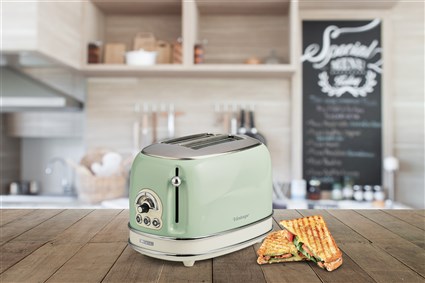 Ariete Tostador 155/14 - Toasteur vintage 2 fentes avec fonctions dégivrage, réchauffage, annulation, sélecteur 6 niveaux et plateau à miettes amovible, vert