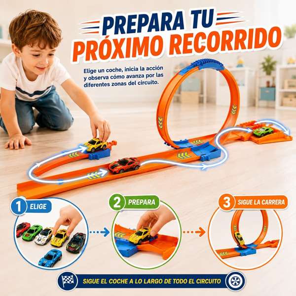 JugaToys Pista Track Racing avec looping et stockage, 6 voitures