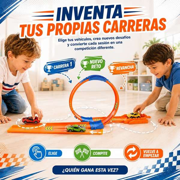 JugaToys Pista Track Racing avec looping et stockage, 6 voitures