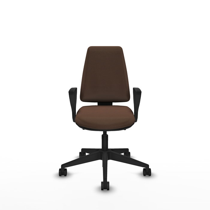 Chaise Elche Asynchrone Tissu Marron foncé Base pyramidale noire Accoudoirs fixes Sans appui-tête Roulettes 65mm nylon Chaise Elche Asynchrone Tissu Marron foncé Base pyramidale noire Accoudoirs fixes Sans appui-tête Roulettes 65mm nylon