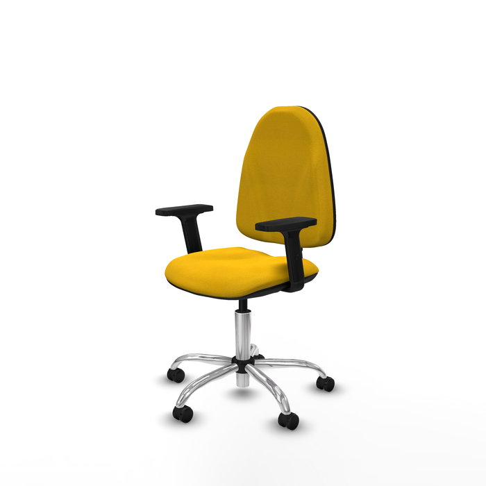 Chaise de bureau Algarra avec mécanisme de contact permanent de base, recouverte de tissu jaune. Équipée d'une base chromée, d'accoudoirs 2D et de roulettes pour parquet.
