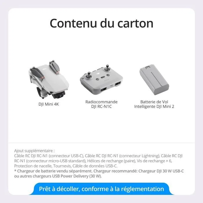 DJI Mini 4K - Drone pliable compact avec caméra 4K/30fps, nacelle 3 axes, capteur 1/2,3 pouces, résistant au vent et 246g