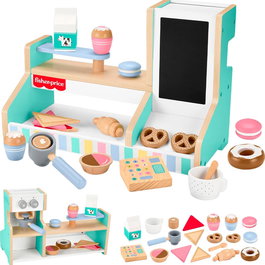 Fisher-Price Cafetière en bois Hxv22 - Jeu de rôle de 20 pièces pour enfants à partir de 3 ans - Jeu de café avec comptoir, tasse et accessoires