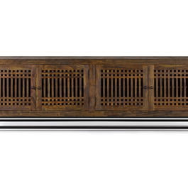 GINER Y COLOMER - Meuble TV en bois d'acacia avec 4 portes et pieds en métal, couleur marron et noir - Dimensions : 200 x 45 x 66 cm