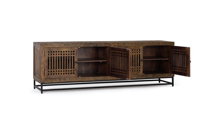 GINER Y COLOMER - Meuble TV en bois d'acacia avec 4 portes et pieds en métal, couleur marron et noir - Dimensions : 200 x 45 x 66 cm
