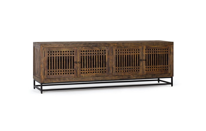 GINER Y COLOMER - Meuble TV en bois d'acacia avec 4 portes et pieds en métal, couleur marron et noir - Dimensions : 200 x 45 x 66 cm