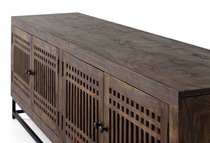 GINER Y COLOMER - Meuble TV en bois d'acacia avec 4 portes et pieds en métal, couleur marron et noir - Dimensions : 200 x 45 x 66 cm