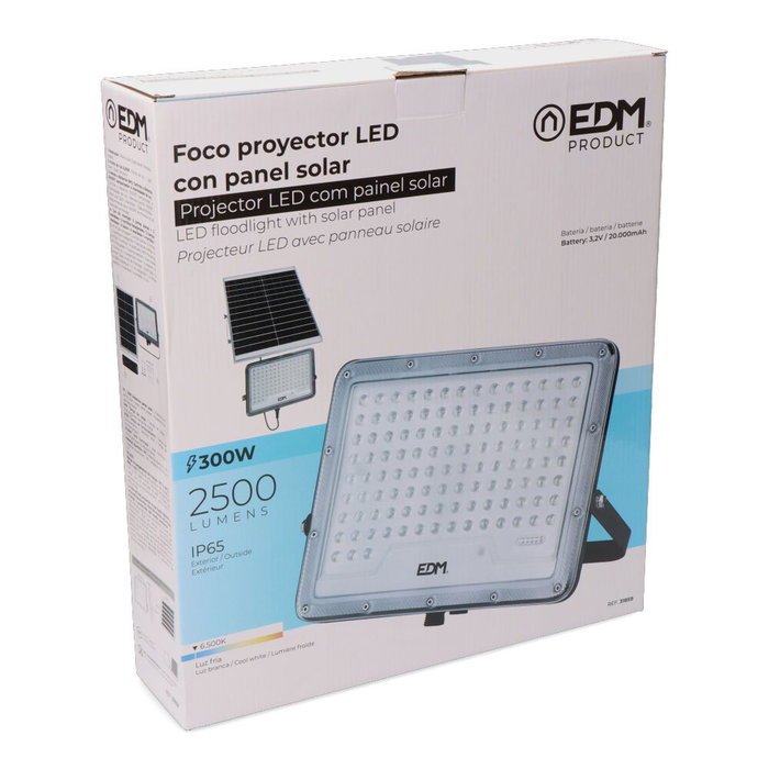 Edm Projecteur LED solaire 300 W 2500 lm 6500 K lumière froide avec panneau solaire et batterie 20 Ah aluminium