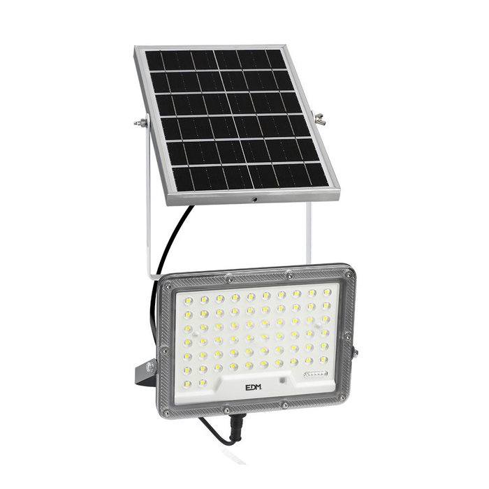 Edm Projecteur LED solaire 300 W 2500 lm 6500 K lumière froide avec panneau solaire et batterie 20 Ah aluminium