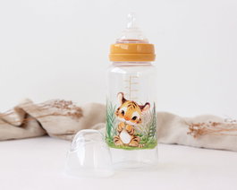 KioKids Biberon Anticolique Collection Honey 360 mL, Design Tigre Couleur Moutarde, Tétine en Silicone Universelle 3 Positions, Sans BPA
