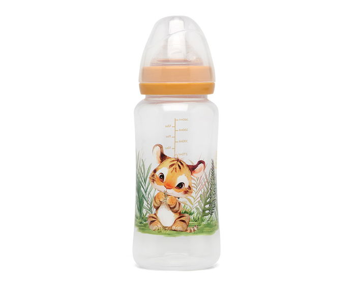 KioKids Biberon Anticolique Collection Honey 360 mL, Design Tigre Couleur Moutarde, Tétine en Silicone Universelle 3 Positions, Sans BPA