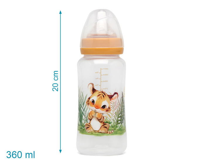 KioKids Biberon Anticolique Collection Honey 360 mL, Design Tigre Couleur Moutarde, Tétine en Silicone Universelle 3 Positions, Sans BPA