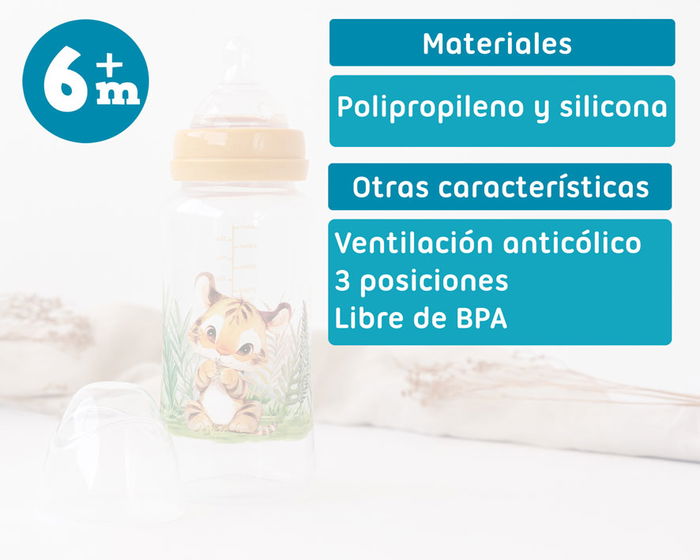 KioKids Biberon Anticolique Collection Honey 360 mL, Design Tigre Couleur Moutarde, Tétine en Silicone Universelle 3 Positions, Sans BPA