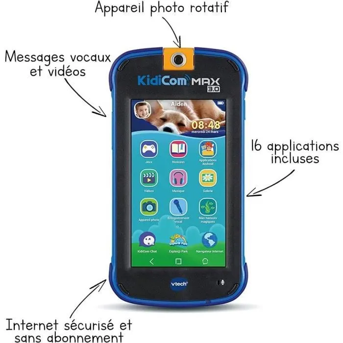VTech KidiCom Max 3.0 - Téléphone portable sécurisé pour enfant 3-8 ans - 16 applications/jeux, écran 1280x720, 8 Go, Bluetooth, microSD, version française