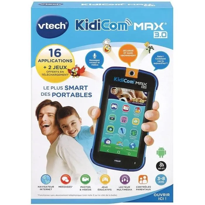VTech KidiCom Max 3.0 - Téléphone portable sécurisé pour enfant 3-8 ans - 16 applications/jeux, écran 1280x720, 8 Go, Bluetooth, microSD, version française