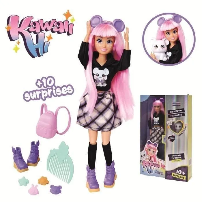 Simba Kawaii Hi Cora - Poupée mannequin articulée à coiffer avec tenue et nombreux accessoires, animal de compagnie souris Kurumi - 12 articulations - Dès 4 ans