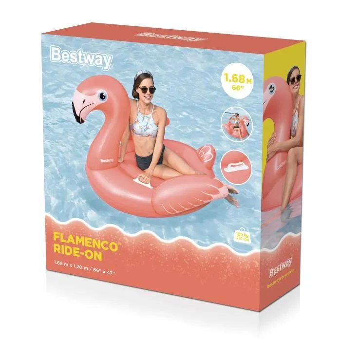 Bestway Bouée Flamant Rose à chevaucher pour adultes Flamenco - 168 x 120 cm - Bouée gonflable PVC pour piscine, plage, extérieur
