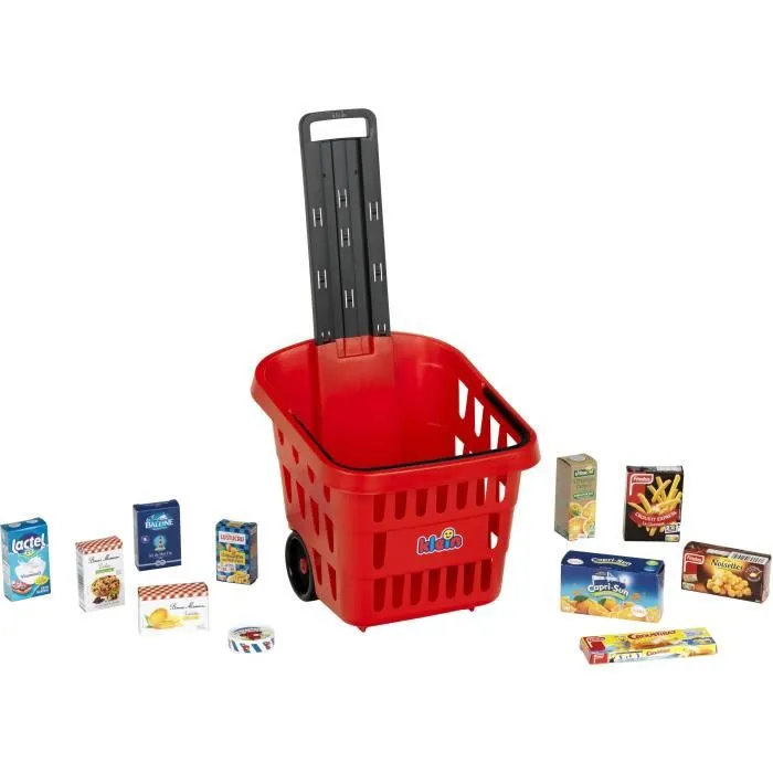 KLEIN - 7256 - Panier de courses à roulettes garni My Market pour enfant dès 2 ans - Jouet d'imitation avec 11 boîtes factices et poignée télescopique