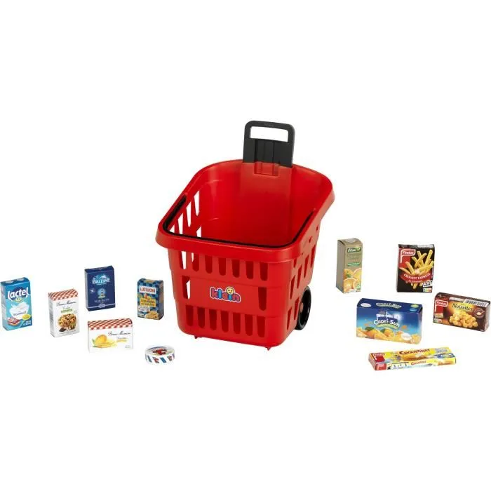 KLEIN - 7256 - Panier de courses à roulettes garni My Market pour enfant dès 2 ans - Jouet d'imitation avec 11 boîtes factices et poignée télescopique