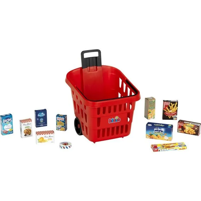 KLEIN - 7256 - Panier de courses à roulettes garni My Market pour enfant dès 2 ans - Jouet d'imitation avec 11 boîtes factices et poignée télescopique