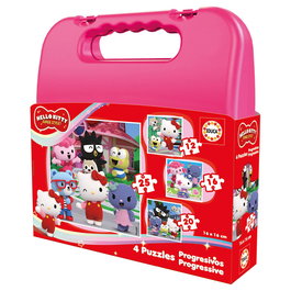 EDUCA Malette Coffret 4 Puzzles Progressifs 6-9-12-16 Pièces Hello Kitty Super Style Licence Sanrio pour Enfants dès 3 ans