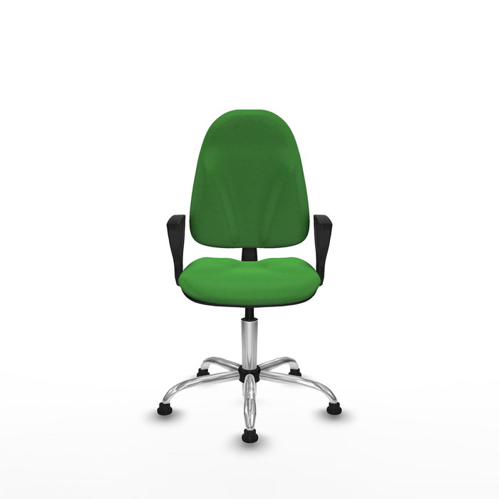 Chaise de bureau Algarra avec mécanisme de contact permanent de base, rembourrée de tissu vert. Équipée d'une base chromée, d'accoudoirs fixes et de butées